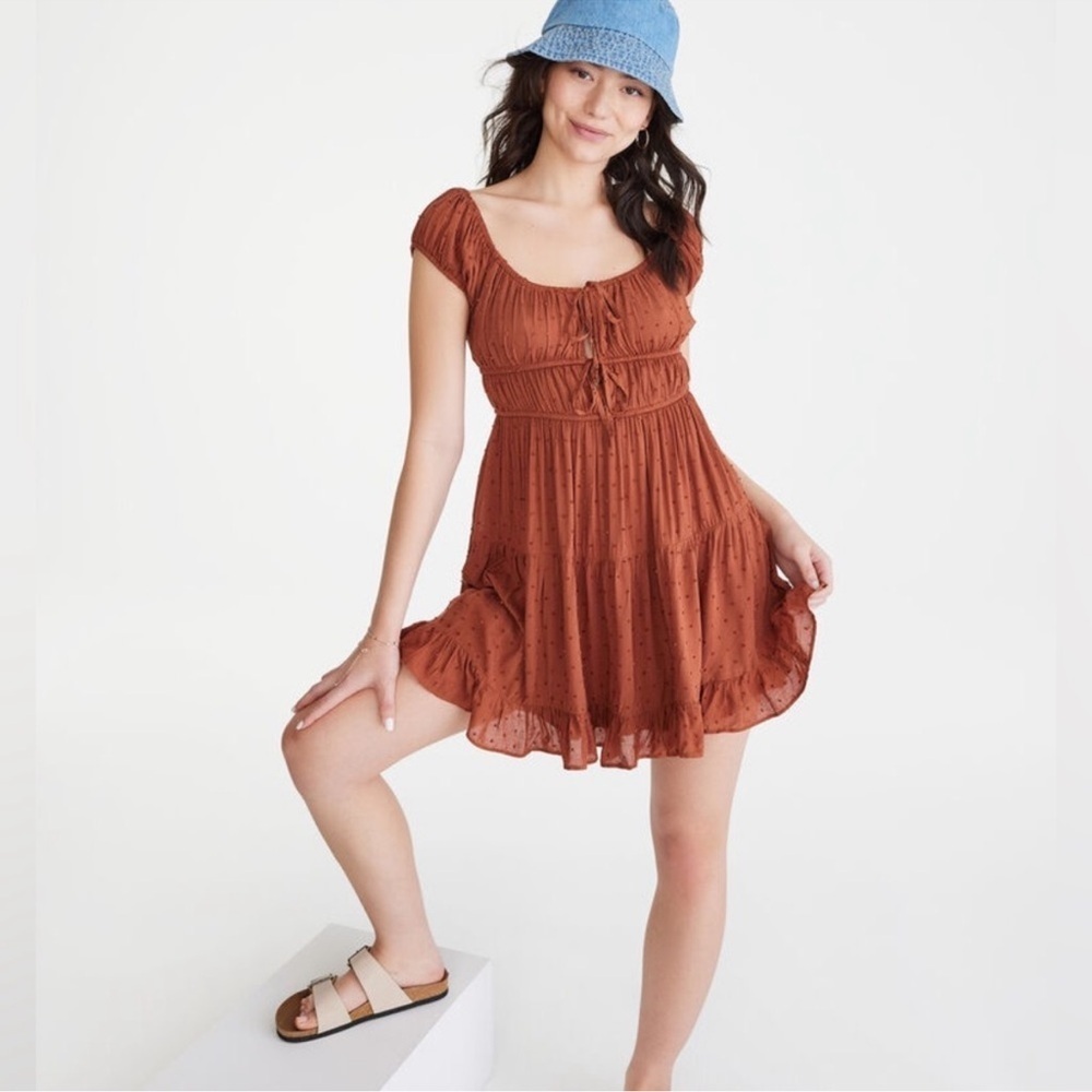 Aeropostale Solid Scoop-Neck Swiss Dot Fit & Flare Dress Sz L
